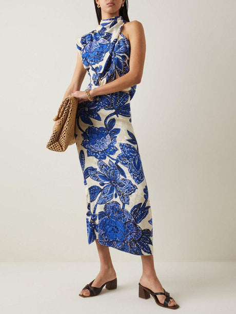 Aurohaya Elegant Cutout Drape Floral Print Midi Dress Blue