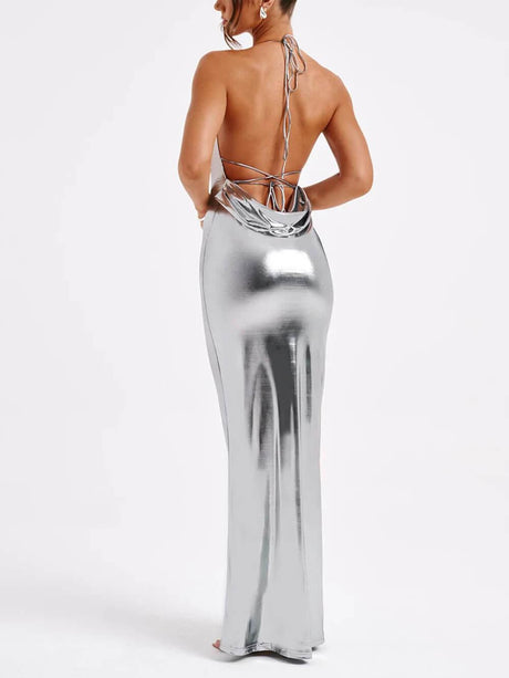 Aurohaya Spring Swing Collar Glossy Metallic Backless Maxi Dress