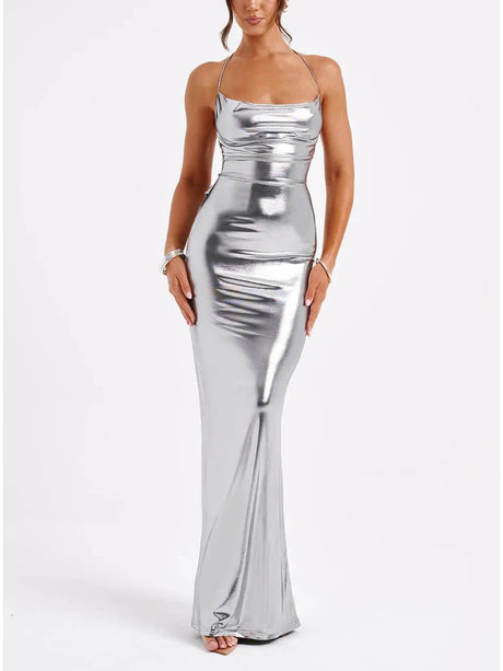 Aurohaya Spring Swing Collar Glossy Metallic Backless Maxi Dress Silver