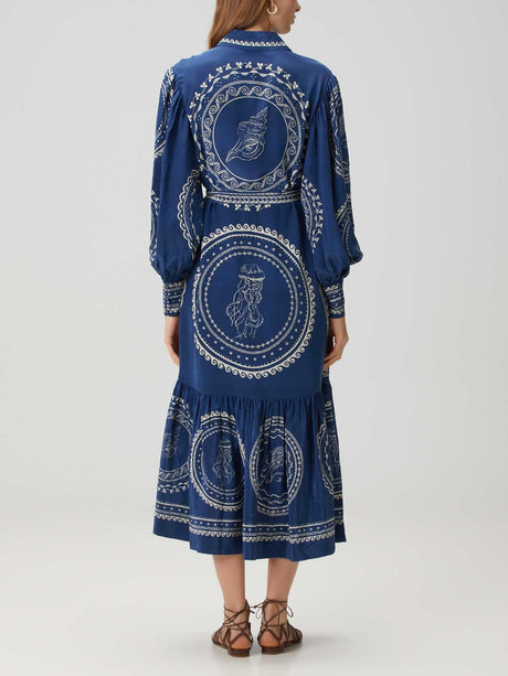 Aurohaya Exquisite Blue Ocean Print Lace-Up Single-Breasted Midi Dress