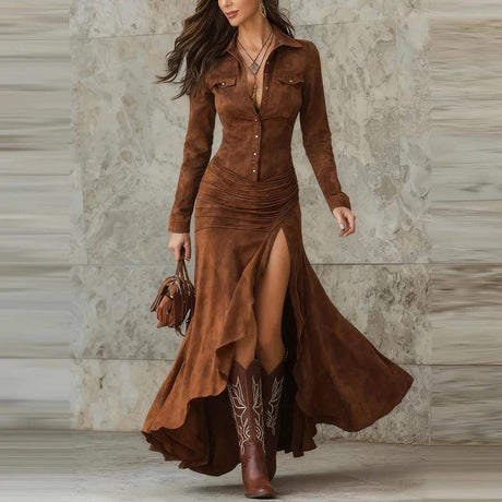 Aurohaya The Savannah Ruched Split Maxi Dress Coffee