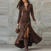 Aurohaya The Savannah Ruched Split Maxi Dress Brown