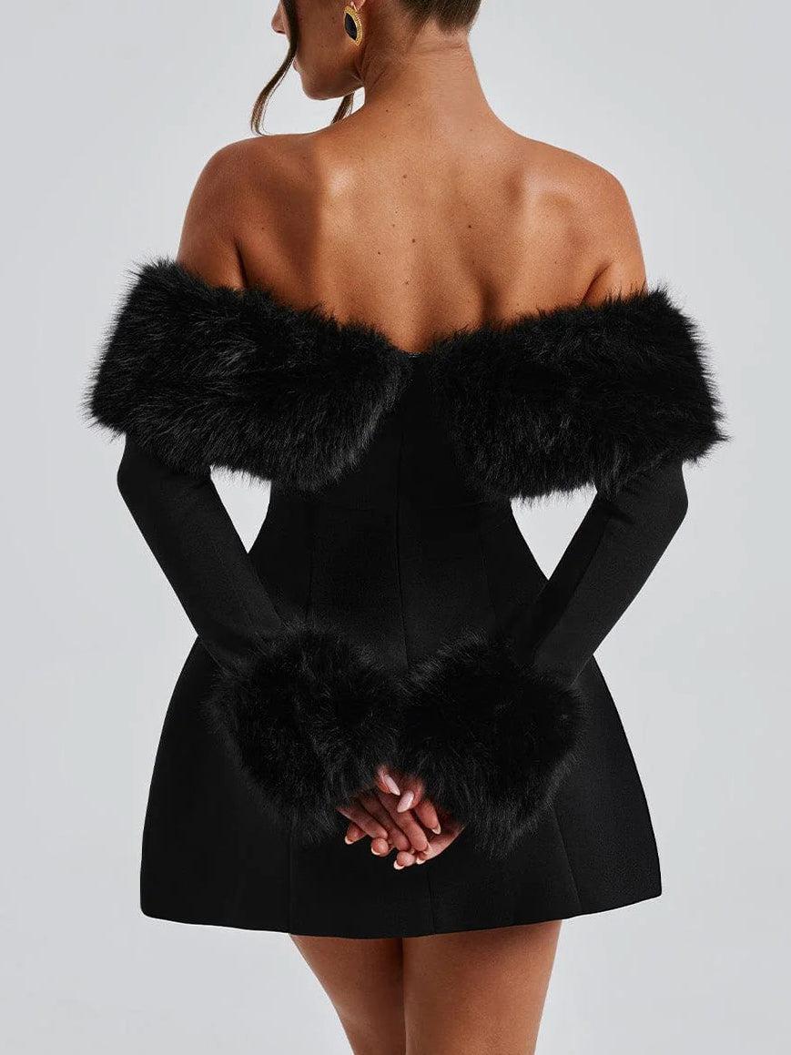 Aurohaya Playful Faux Fur Neckline A-Line Mini Dress