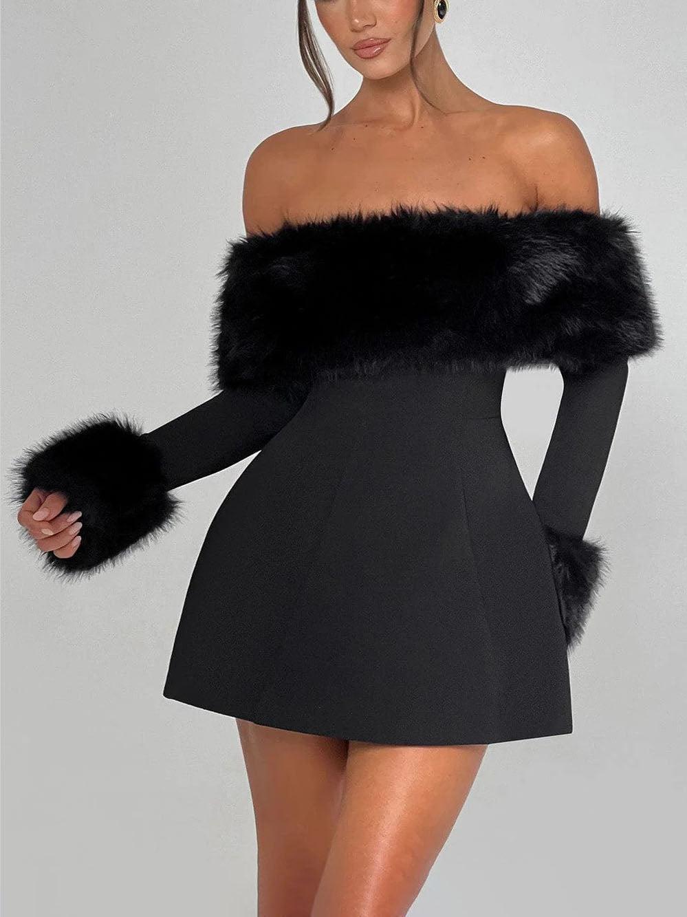 Aurohaya Playful Faux Fur Neckline A-Line Mini Dress Black