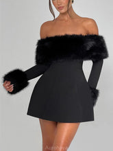 Aurohaya Playful Faux Fur Neckline A-Line Mini Dress Black