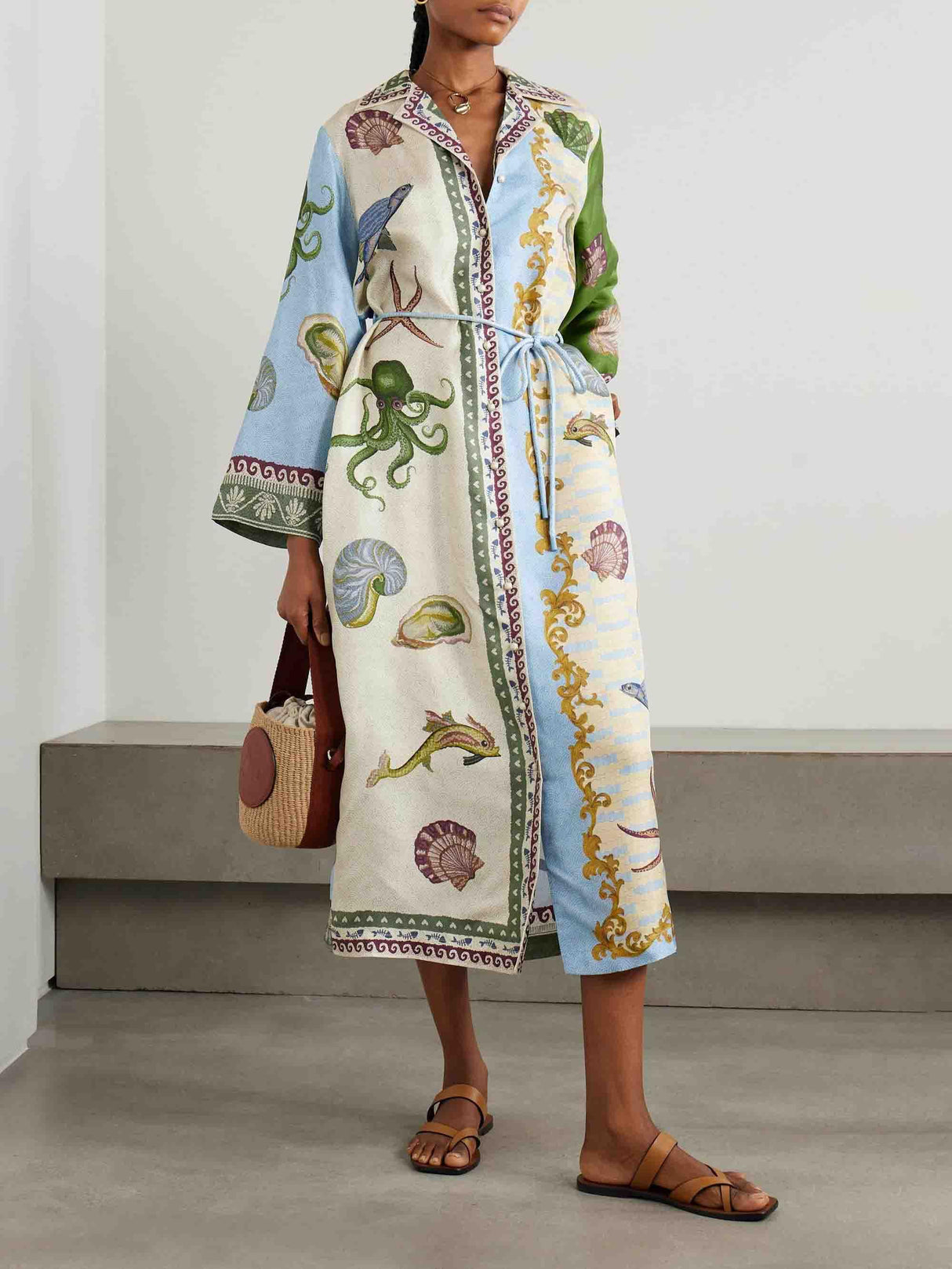 Aurohaya Unique Deep Sea Floral Print Single Breasted Midi Shirt Dress Blue