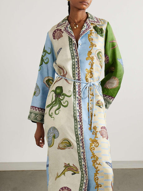 Aurohaya Unique Deep Sea Floral Print Single Breasted Midi Shirt Dress