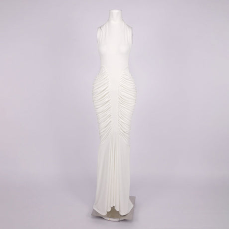 Aurohaya Candice Ruched Sleeveless High Neck Maxi Dress WHITE