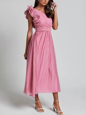Aurohaya Unique Romantic Seaside One Shoulder Frill Detail Sleeve Layered Midi Dress