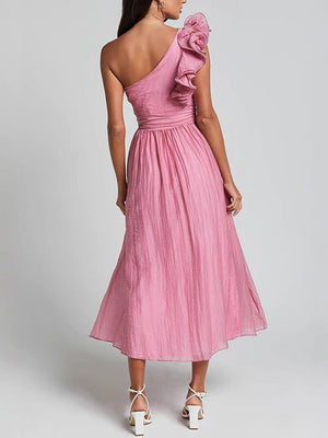 Aurohaya Unique Romantic Seaside One Shoulder Frill Detail Sleeve Layered Midi Dress