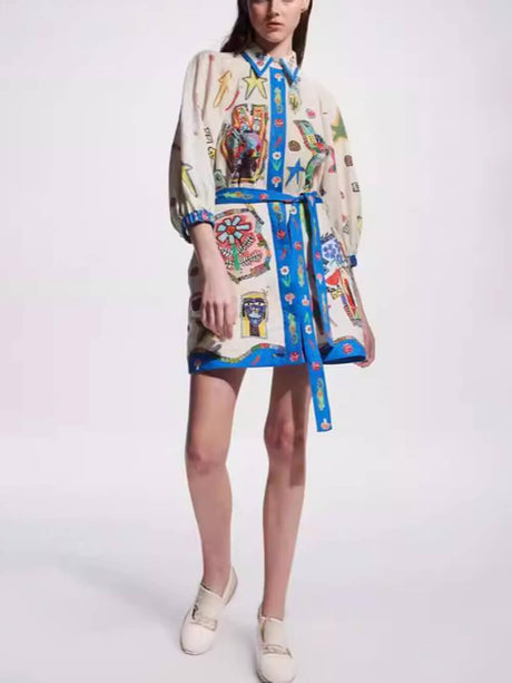 Aurohaya Temperament Peplum Printed Cardigan Dress