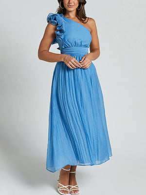 Aurohaya Unique Romantic Seaside One Shoulder Frill Detail Sleeve Layered Midi Dress Blue