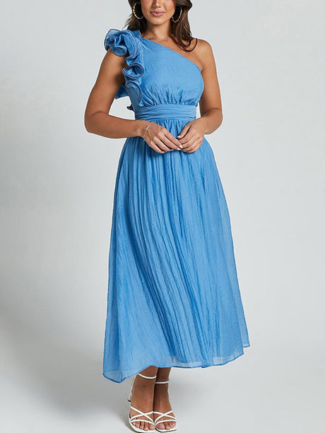 Aurohaya Unique Romantic Seaside One Shoulder Frill Detail Sleeve Layered Midi Dress Blue