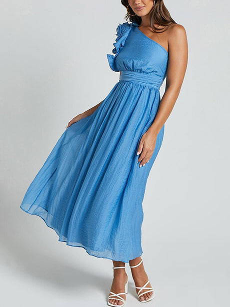 Aurohaya Unique Romantic Seaside One Shoulder Frill Detail Sleeve Layered Midi Dress