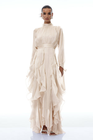 Aurohaya Zélie Neutral Glossy Pleated Ruffled Maxi dress