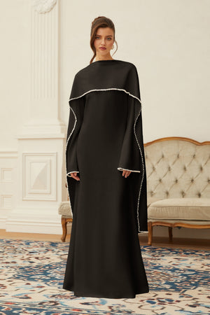 Aurohaya Piroska Black Pearl Trim Shawl Detail Maxi Dress