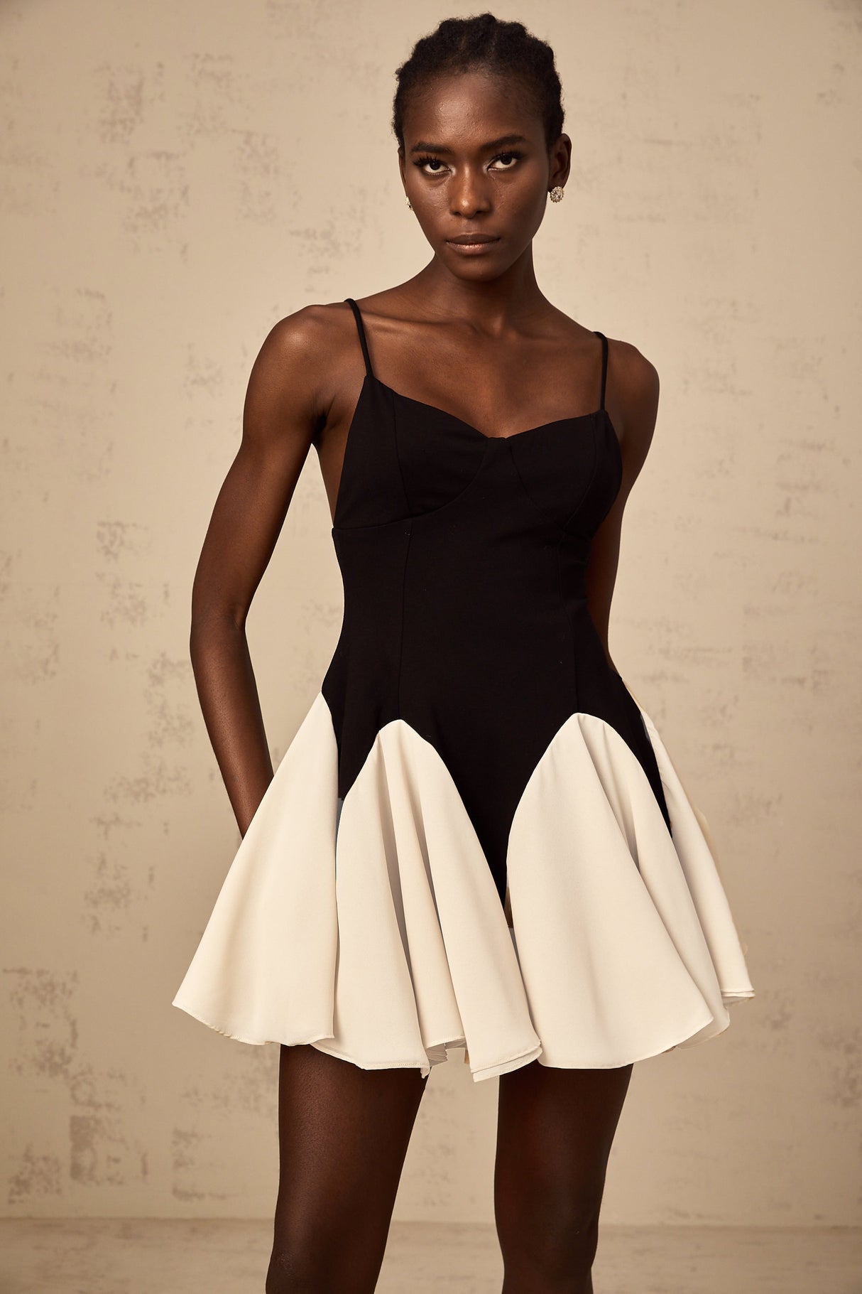 Aurohaya Justine color-blocked godet pleated mini dress