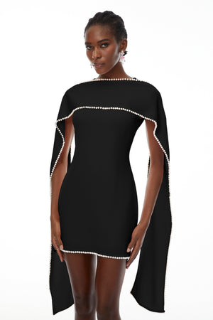 Aurohaya Piroska Black Sleeveless Pearl Trim Mini Dress