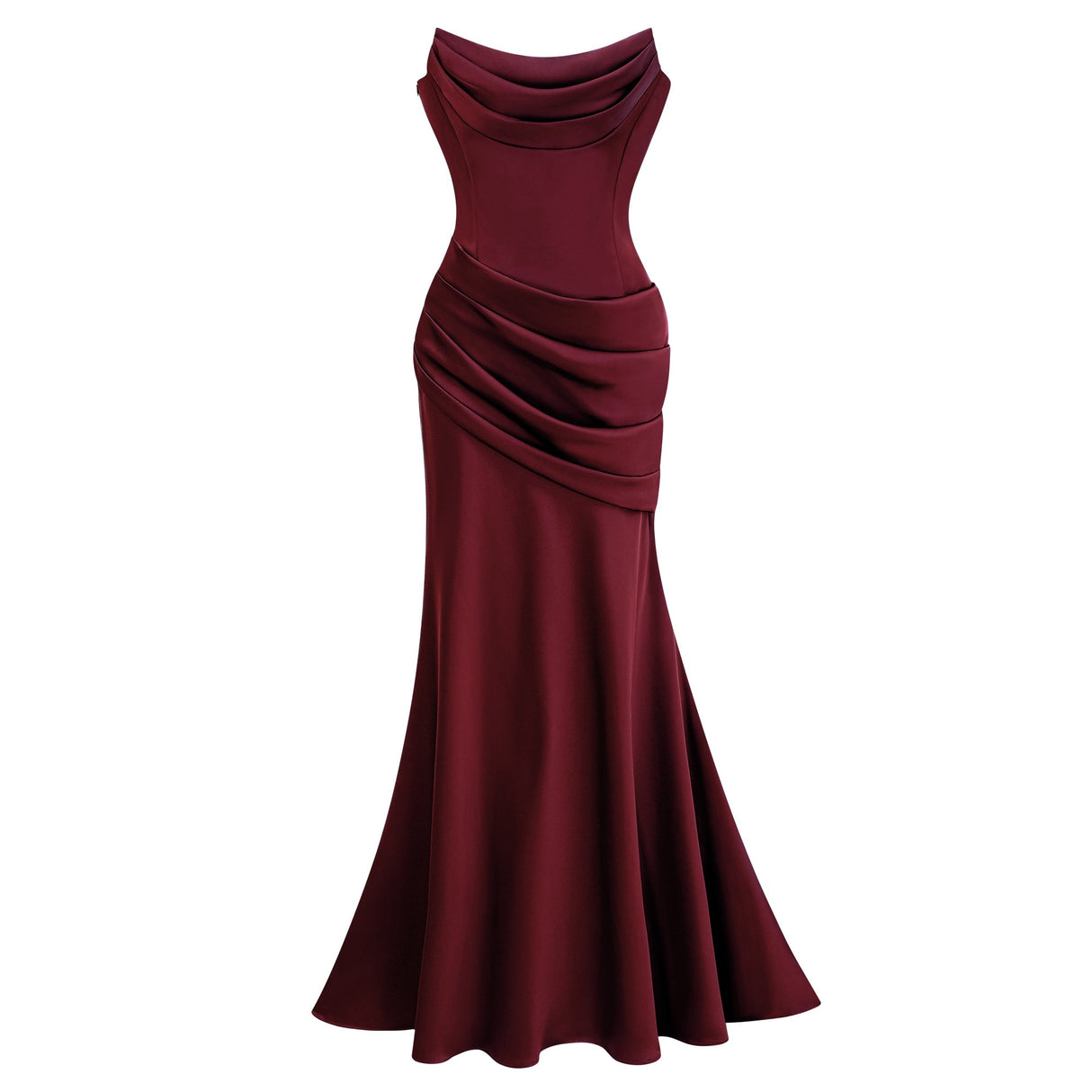 Aurohaya Marilou Burgundy Ruched Satin Maxi Dress