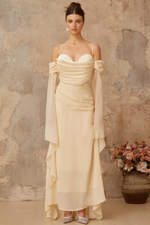 Aurohaya Mélusine Neutral Ruched Chiffon Maxi Dress