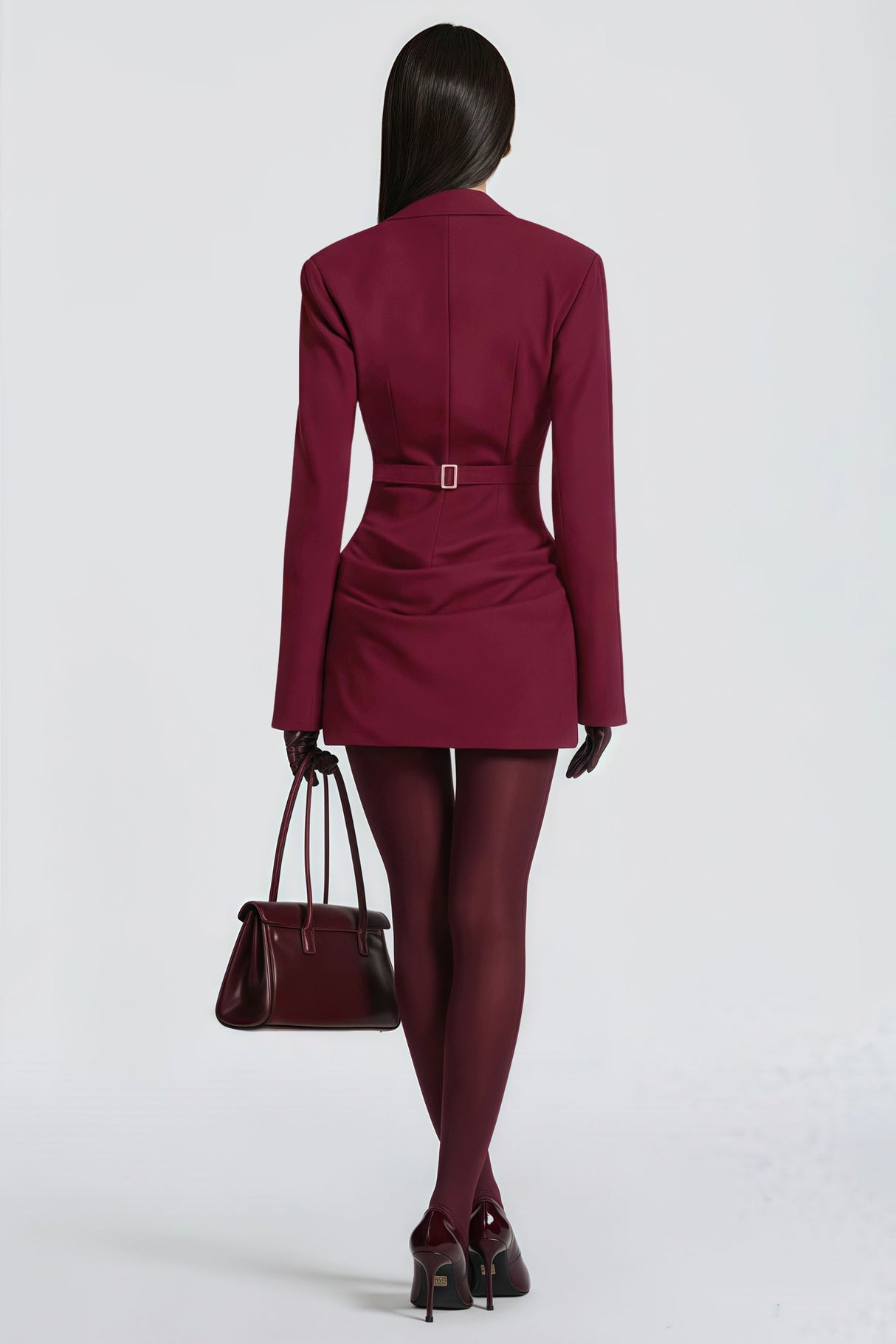 Aurohaya Rosette Burgundy Ruched Blazer Mini Dress