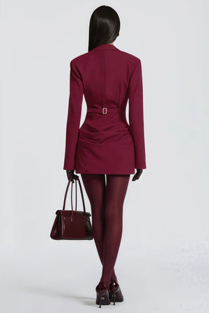 Aurohaya Rosette Burgundy Ruched Blazer Mini Dress