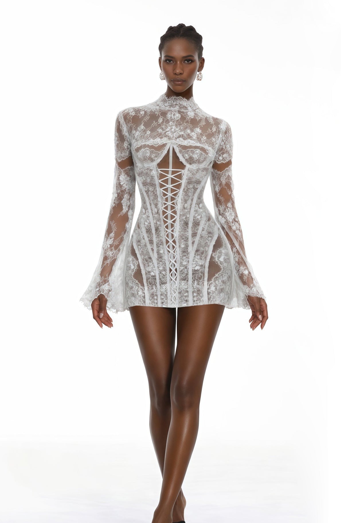 Aurohaya Bulelwa White Semi-Sheer Floral Lace Mini Dress