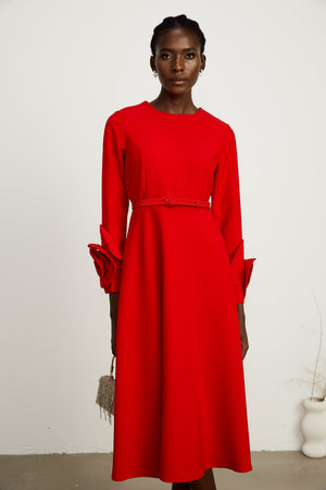 Aurohaya Elysia floral-embellished red long-sleeve dress