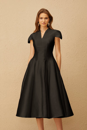 Aurohaya Aventin Black Godet Design Midi Dress
