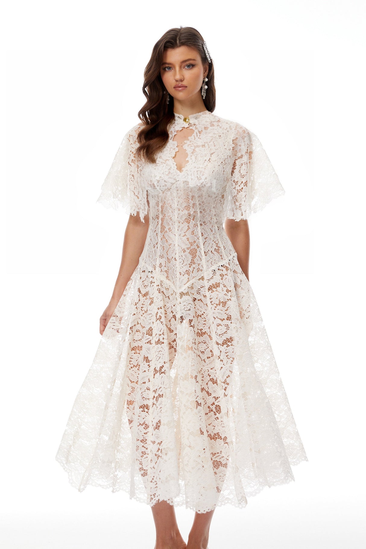 Aurohaya Alaia White Cape Design Floral Lace Midi Dress