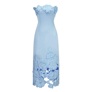 Aurohaya Inga Blue Strapless Floral Embroidered Maxi Dress