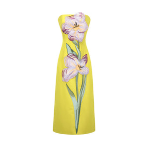 Aurohaya Irène Sequin Embroidered Off-Shoulder Midi Dress in Yellow
