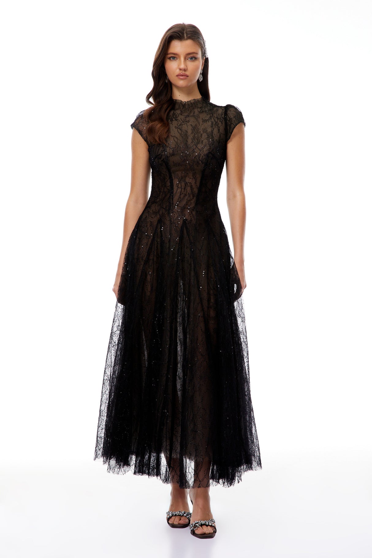 Aurohaya Velia Black Lace Glitter Tulle Maxi Gown