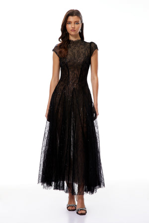 Aurohaya Velia Black Lace Glitter Tulle Maxi Gown