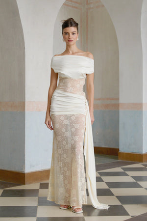 Aurohaya Lilou neutrals ribbon panelled floral-lace maxi dress
