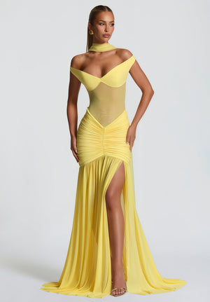 Aurohaya Geneviève Yellow Off Shoulder Ruched Maxi Dress