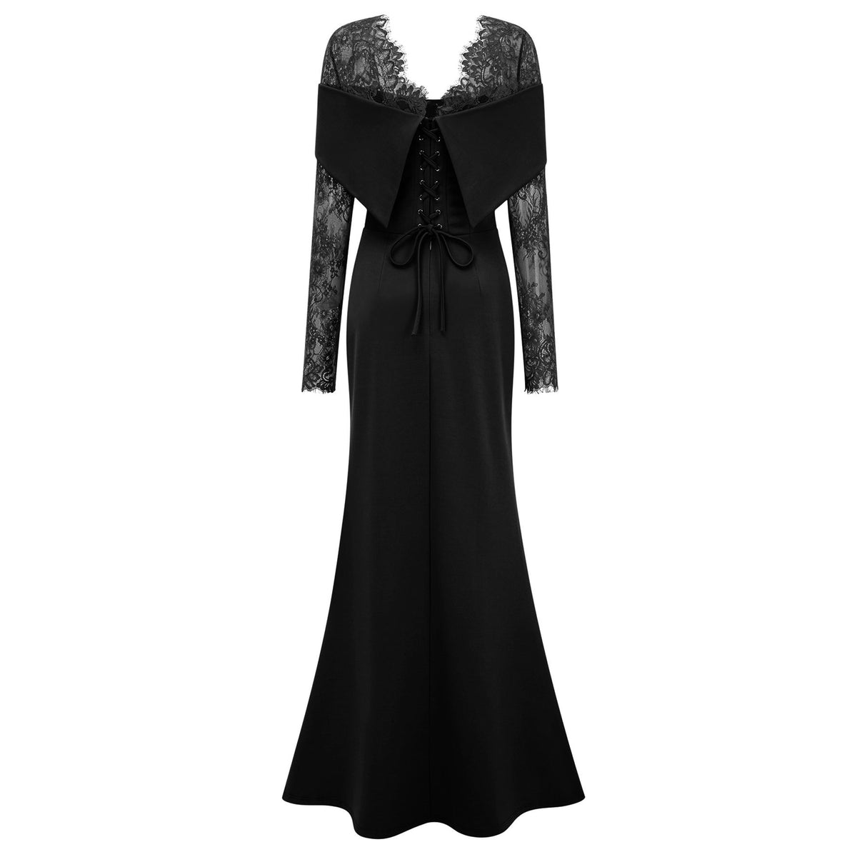 Aurohaya Georgiana Black Lace Panel Flared Maxi Gown