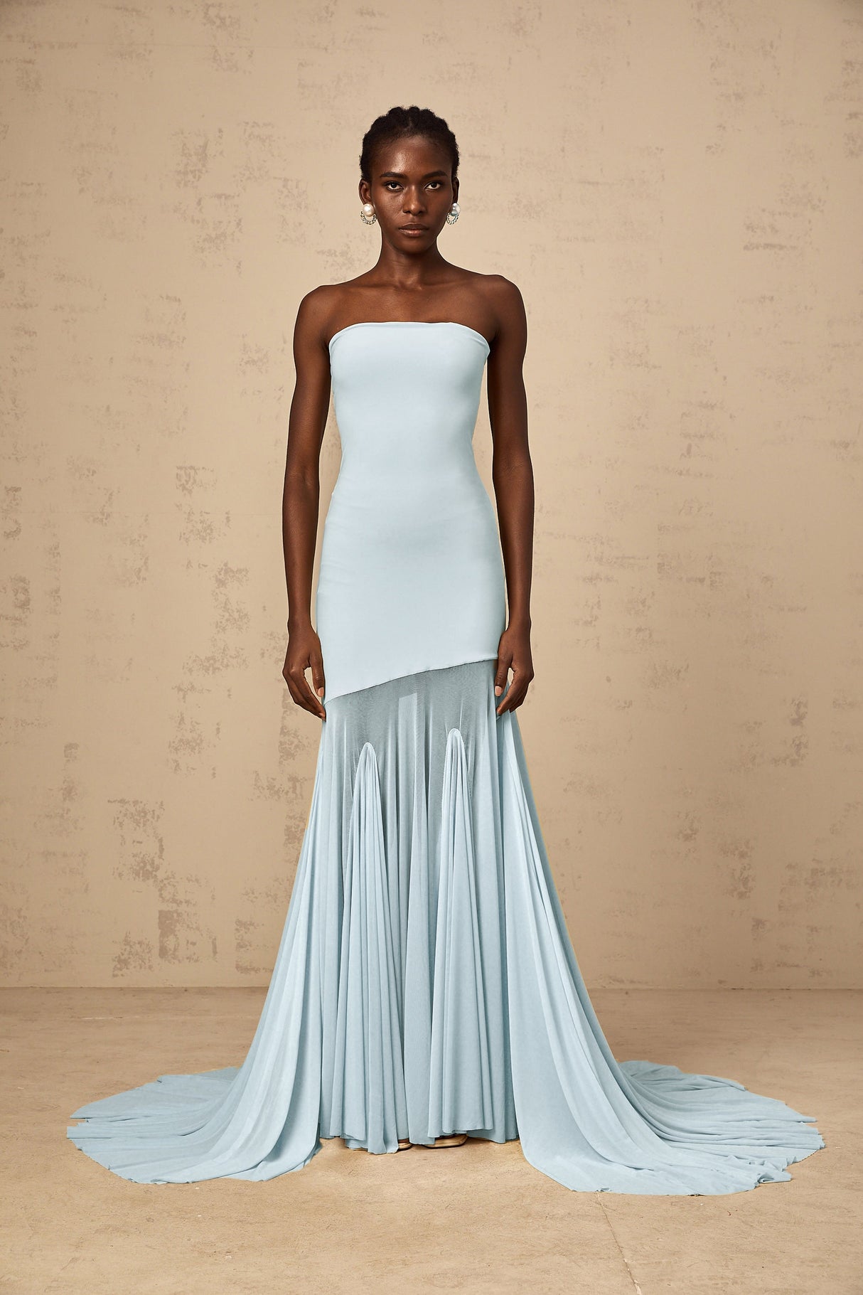 Aurohaya Josiane Blue Off-shoulder Sheer Tulle Maxi Dress