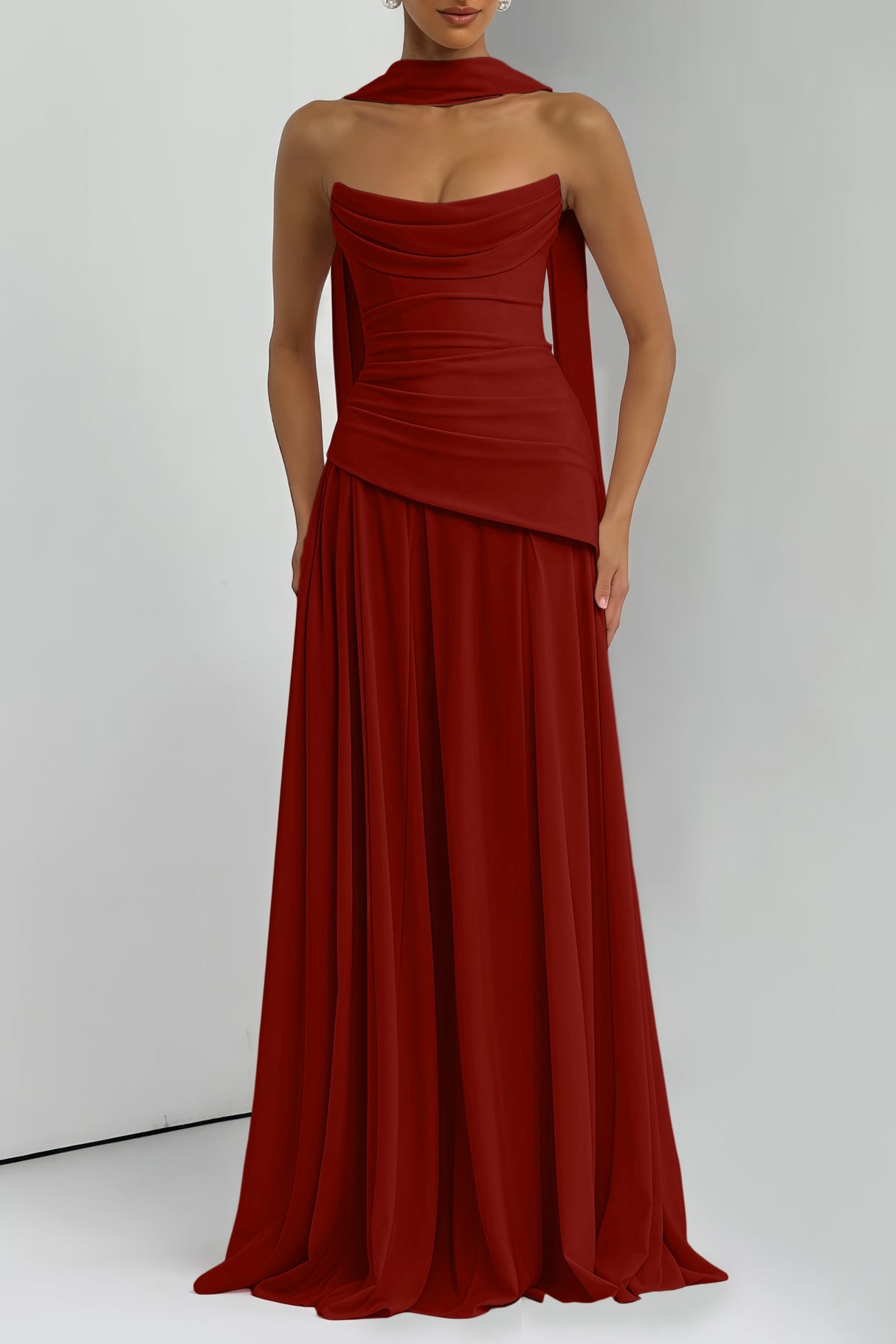 Aurohaya Romane Burgundy Strapless Corset Chiffon Maxi Dress