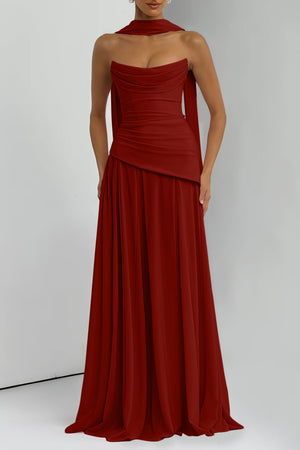 Aurohaya Romane Burgundy Strapless Corset Chiffon Maxi Dress