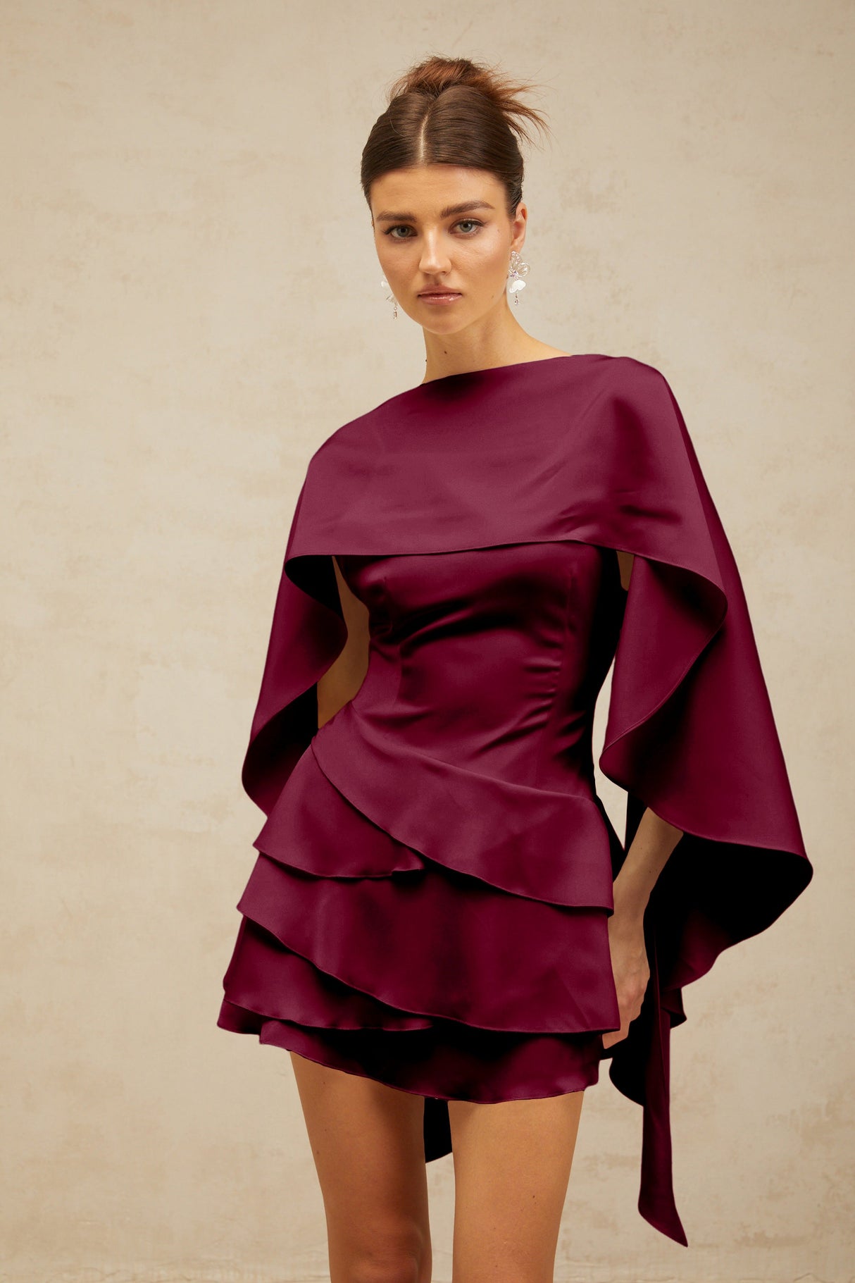 Aurohaya Lyna shawl-panel ruffled satin mini dress in Red