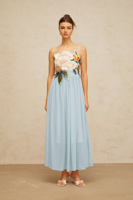Aurohaya Josette floral-embroidered shirred maxi dress in Blue
