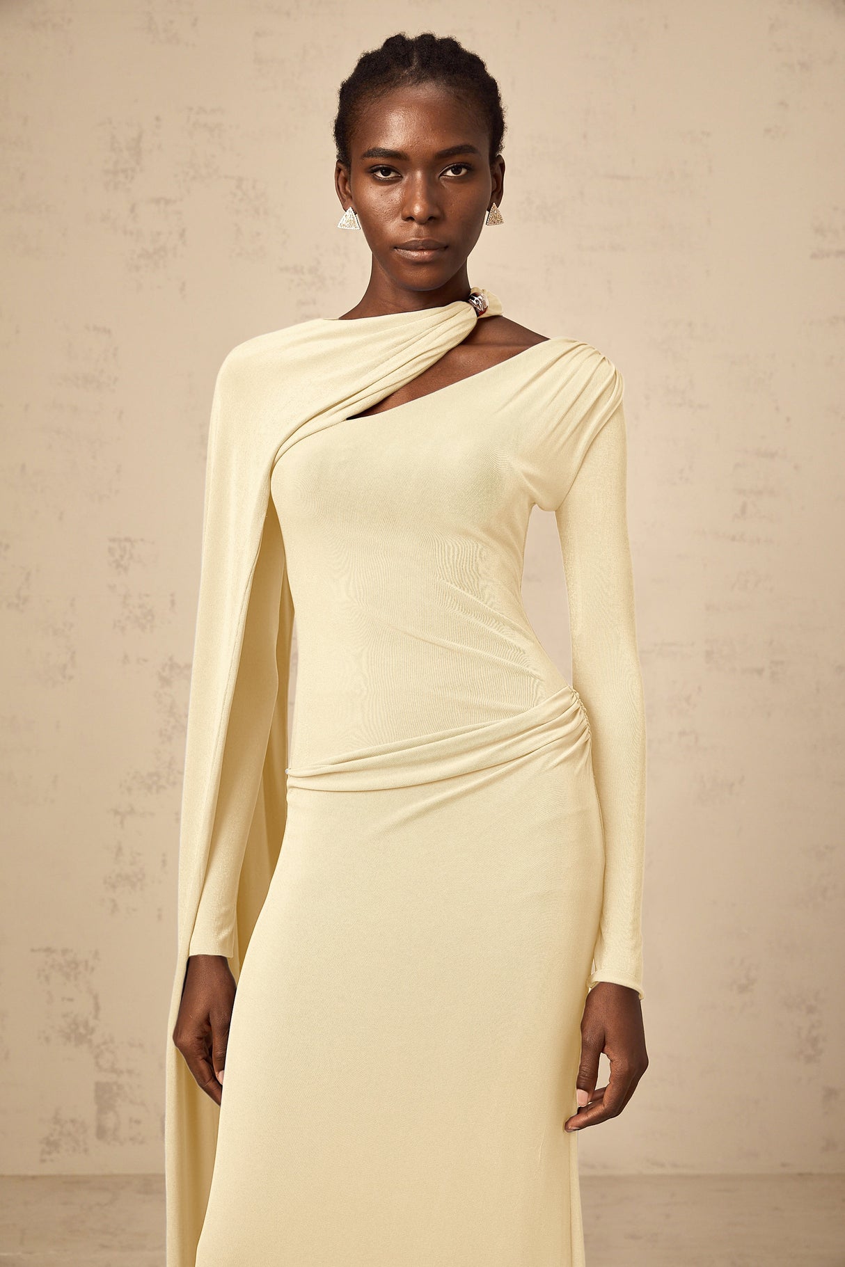 Aurohaya Josette Yellow Diagonal Shawl Fitted Maxi Dress