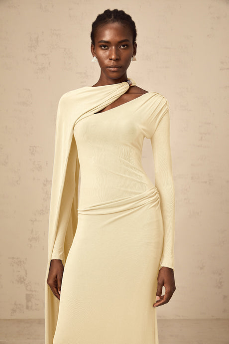 Aurohaya Josette Yellow Diagonal Shawl Fitted Maxi Dress