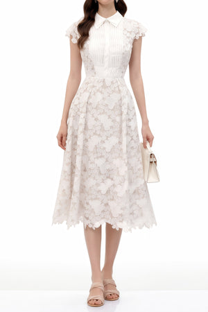 Aurohaya Mckensie White Midi Dress with Floral Appliqué