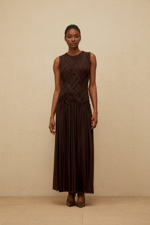 Aurohaya Daphné Brown Asymmetrical Braided Tulle Midi Dress