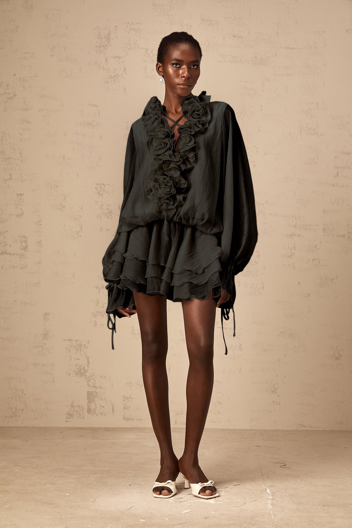 Aurohaya Zéphyrine floral-appliqué tiered mini dress in Black