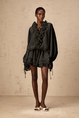 Aurohaya Zéphyrine floral-appliqué tiered mini dress in Black