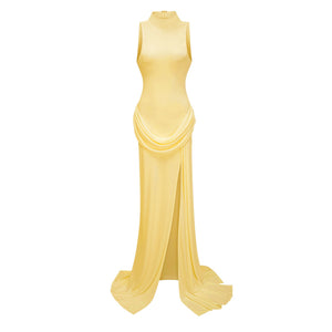 Aurohaya Mystérieuse Yellow Turtleneck Draped Maxi Dress