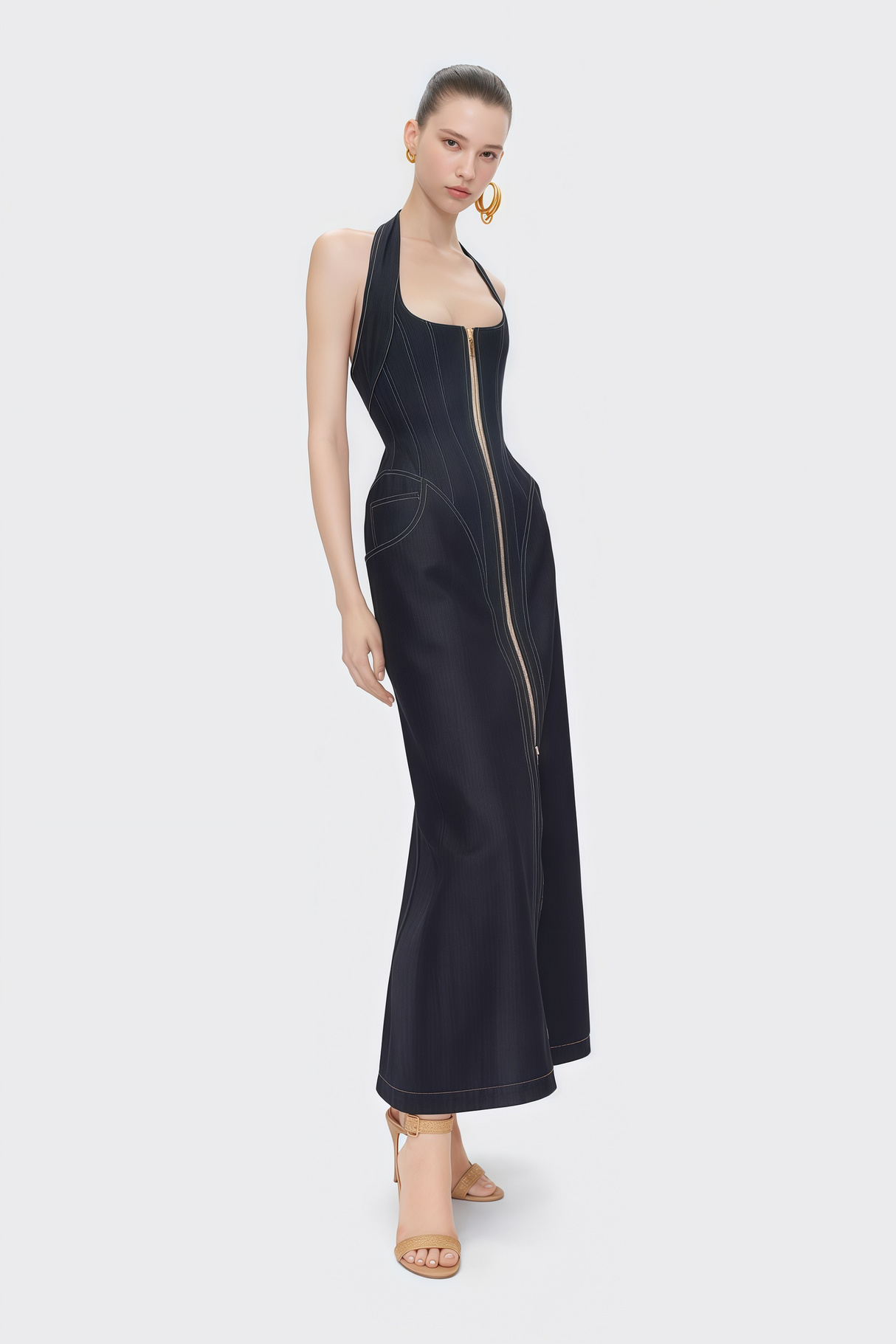 Aurohaya Adrienne black denim front-slit contrast-stitching maxi dress